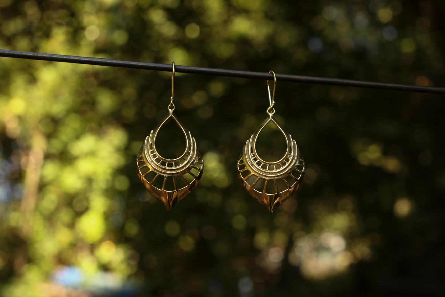 Pair of brasshoop earrings hanging on a wire with a blurred natural background