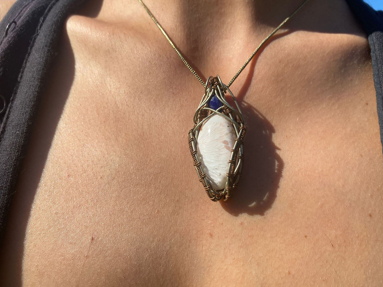 Handmade, wire wrap jewellery, unique pendant with Kyanite - Scolecite gemstone. Great gift for gemstone lovers