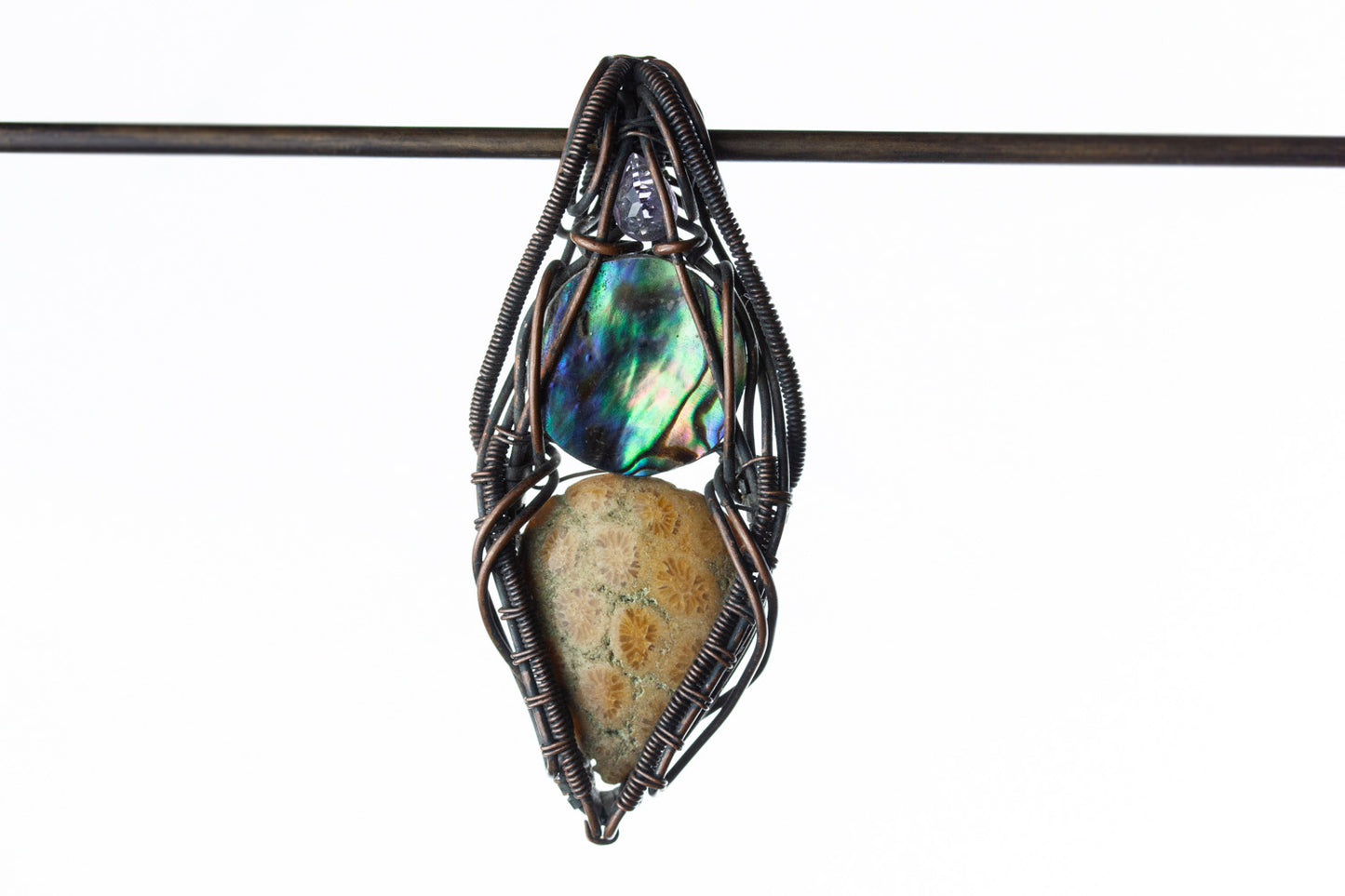 Wire-wrapped mystic jewellry from India combines the power of healing stones with natural metal elements. Handmade, unique, tree agate gemstone pendant.
