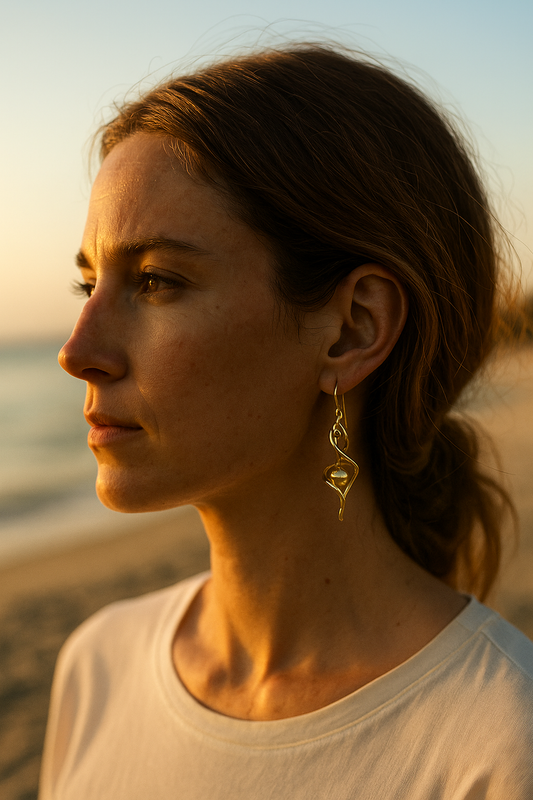 Woman with a ponytail wearing brass earrings on a beach at sunset.