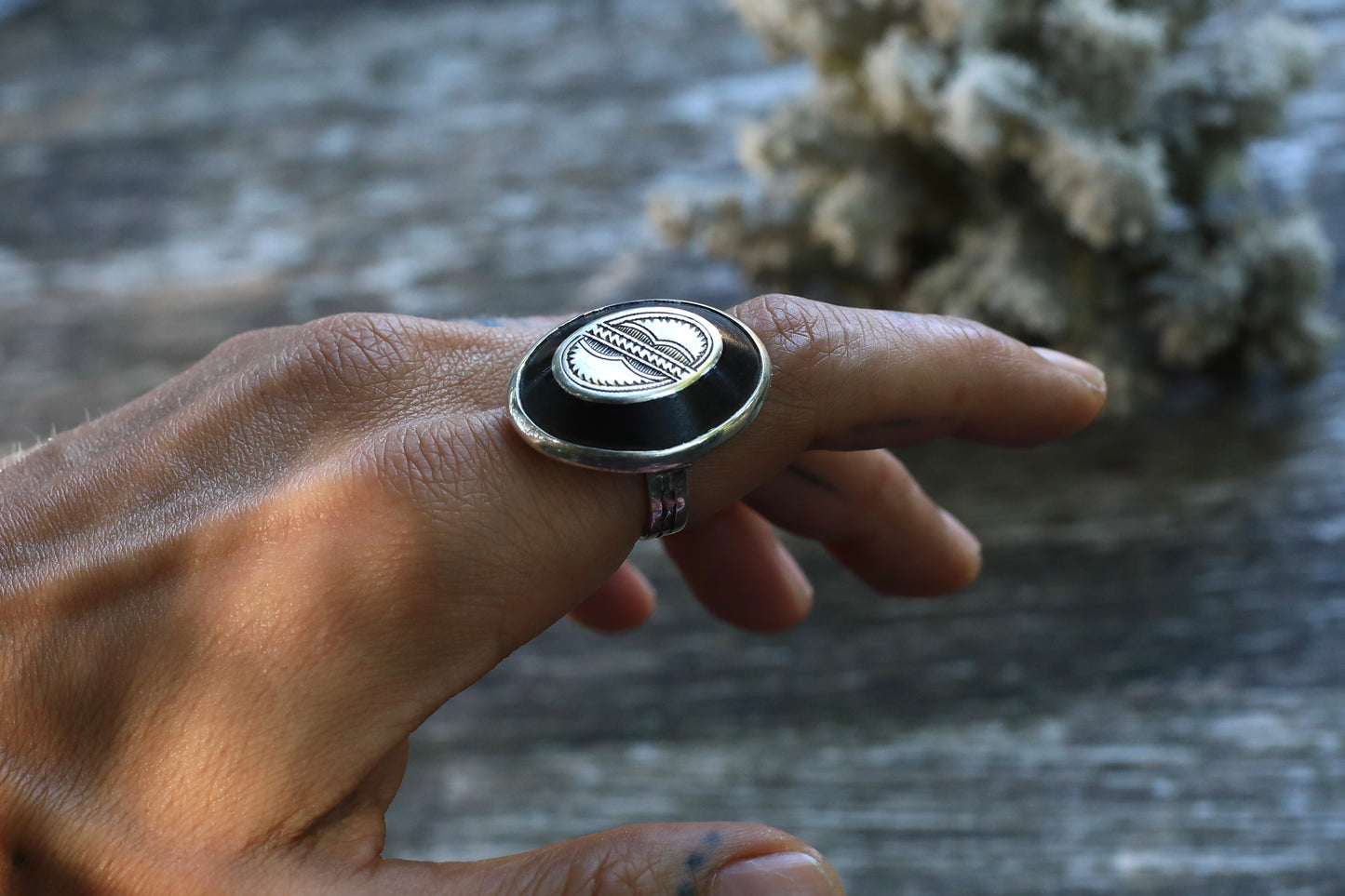 Niger Ebony Wood & Silver Inlay Ring