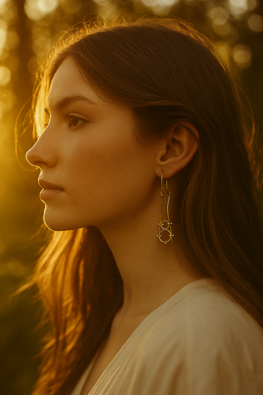 Woman with long hair and earrings against a blurred natural background