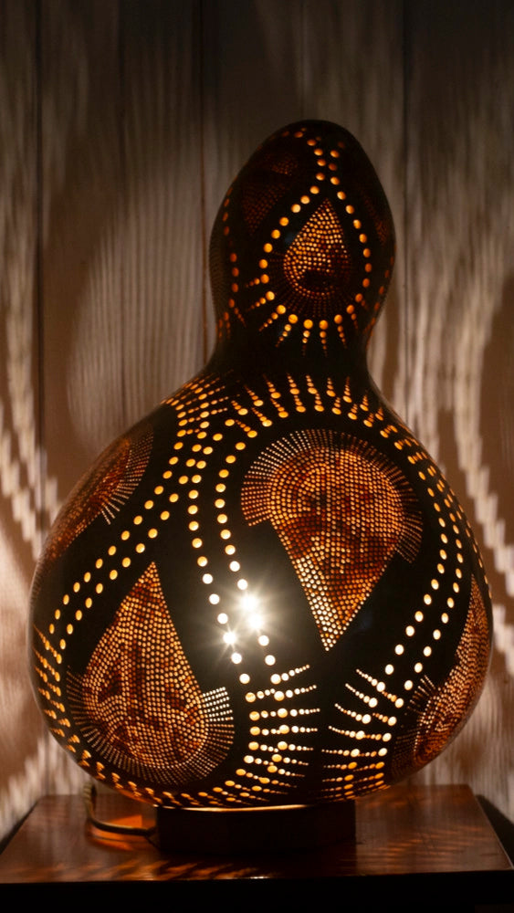  Collection, Calabash lamps, Unique, Carvings, Sizes, Serene ambiance, Soft glow, Decorative lighting, Elegance, Patterns, doti sutra, big lamp, boho light decor