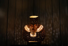 Load image into Gallery viewer, owl design calabash lamp, artistry illuminated, handcrafted illumination, nature-inspired beauty, enchanting ambiance, unique charm, intricate owl pattern, warm and inviting glow, creative craftsmanship, decorative lighting, artisanal elegance, serene ambiance, artistic detail, captivating decor, functional art, crafted uniqueness, delicate illumination, room transformation, ambient charm, handcrafted masterpiece, ambient illumination, doti sutra