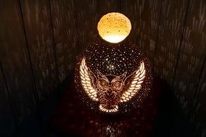 owl design calabash lamp, artistry illuminated, handcrafted illumination, nature-inspired beauty, enchanting ambiance, unique charm, intricate owl pattern, warm and inviting glow, creative craftsmanship, decorative lighting, artisanal elegance, serene ambiance, artistic detail, captivating decor, functional art, crafted uniqueness, delicate illumination, room transformation, ambient charm, handcrafted masterpiece, ambient illumination, doti sutra