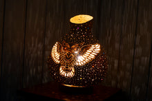 Load image into Gallery viewer, owl design calabash lamp, artistry illuminated, handcrafted illumination, nature-inspired beauty, enchanting ambiance, unique charm, intricate owl pattern, warm and inviting glow, creative craftsmanship, decorative lighting, artisanal elegance, serene ambiance, artistic detail, captivating decor, functional art, crafted uniqueness, delicate illumination, room transformation, ambient charm, handcrafted masterpiece, ambient illumination, doti sutra