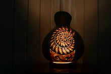 Load image into Gallery viewer, tree of life design calabash lamp, symbolic illumination, handcrafted artistry, interconnected symbolism, natural elegance, intricate patterns, meaningful decor, artistic expression, serene ambiance, growth and unity, soulful illumination, profound craftsmanship, balanced design, symbolic radiance, meaningful symbolism, symbolic tree motif, aesthetic significance, nature-inspired lamp, artisanal elegance, symbolic artistry, handmade lamp.