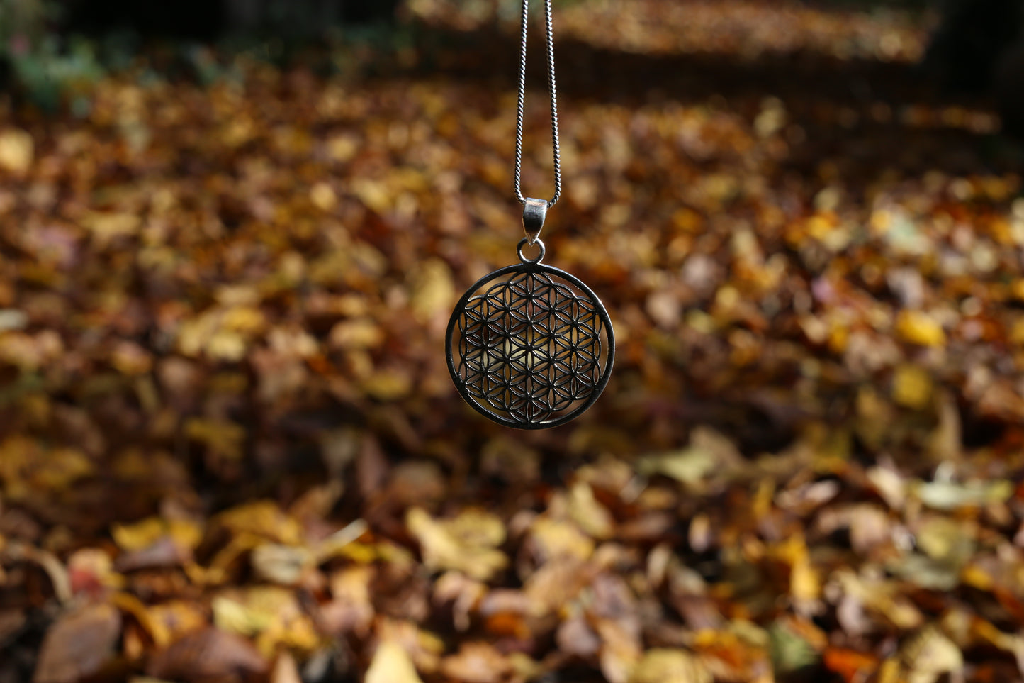 Necklace with a flower of life pendant on a blurred natural background