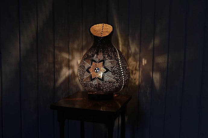 Gourd lamp, home decor, lighting, Handcrafted, artisanal, ambiance, Bodrum-inspired, coastal charm, natural beauty, Unique design, elegance.