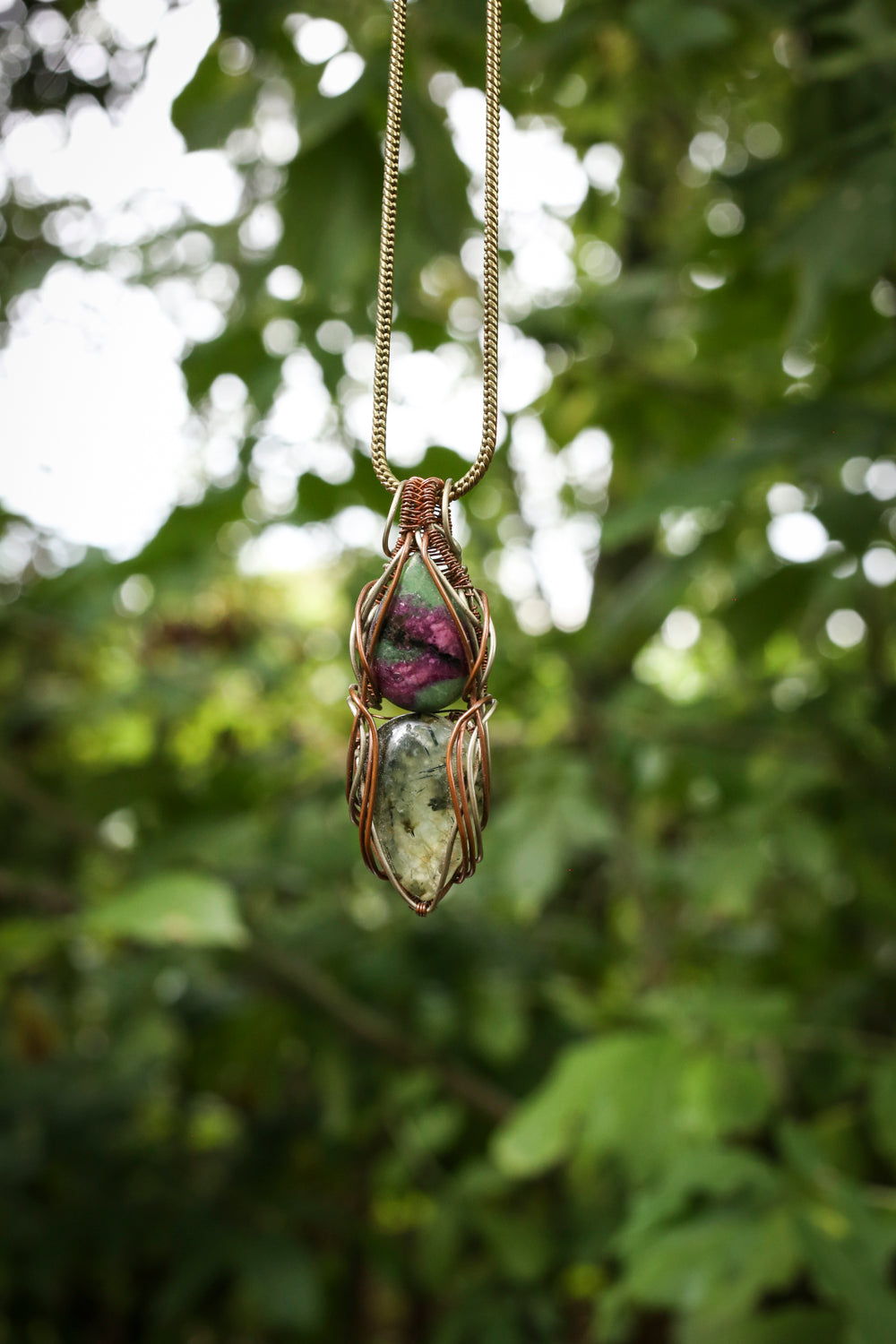 Ruby Zoisite, Moss Prehnite pendant