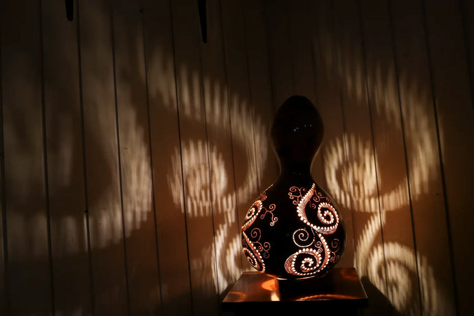 calabash, lamp, shade, handmade lamp, gourd lamp switzerland, doti sutra, gourds