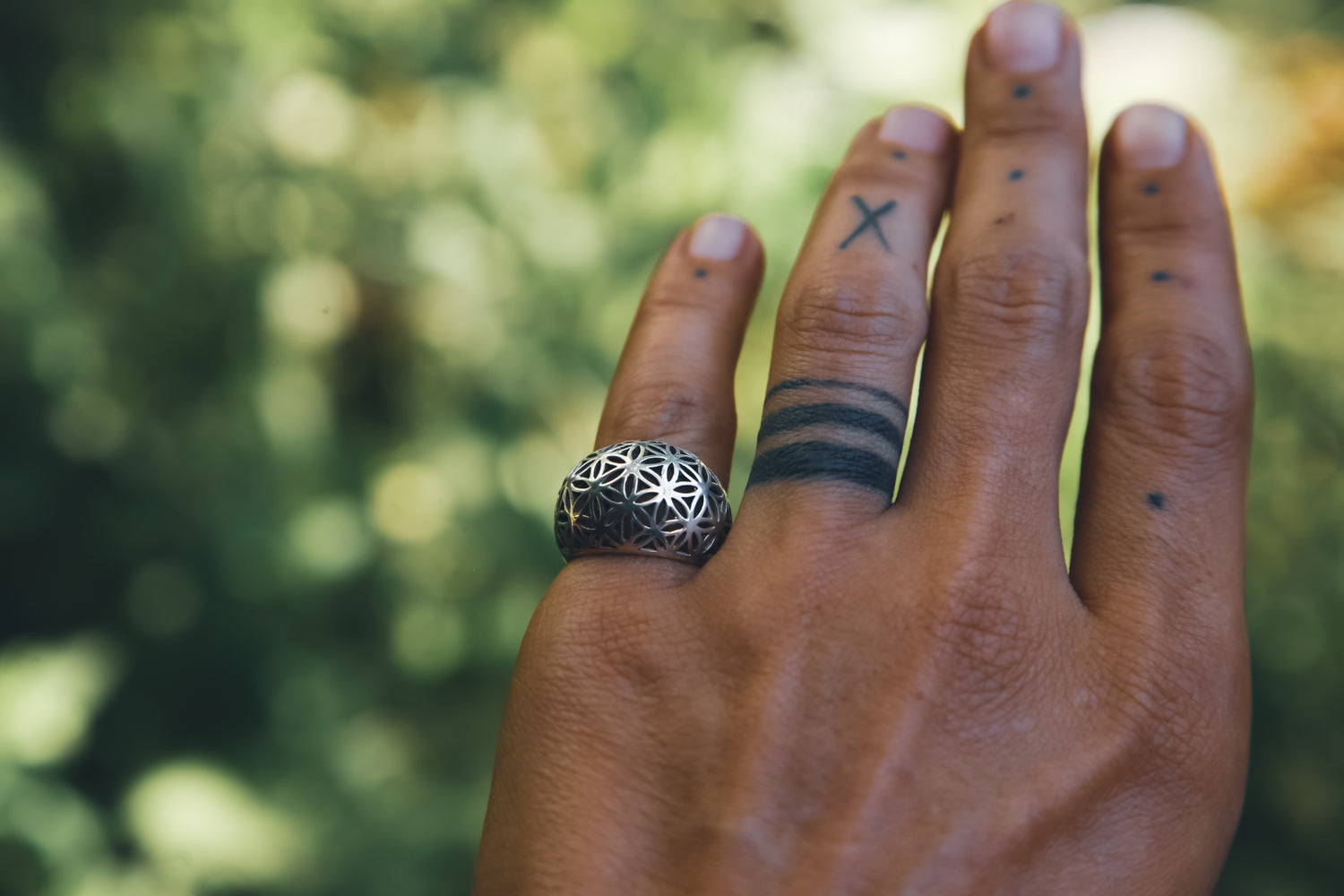 Flower of life ring, handmade, silver from India. 