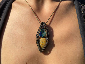 Wire-wrapped mystic jewellry from India combines the power of healing stones with natural metal elements. Handmade, unique, fossil, gemstone pendant.  Edit alt text